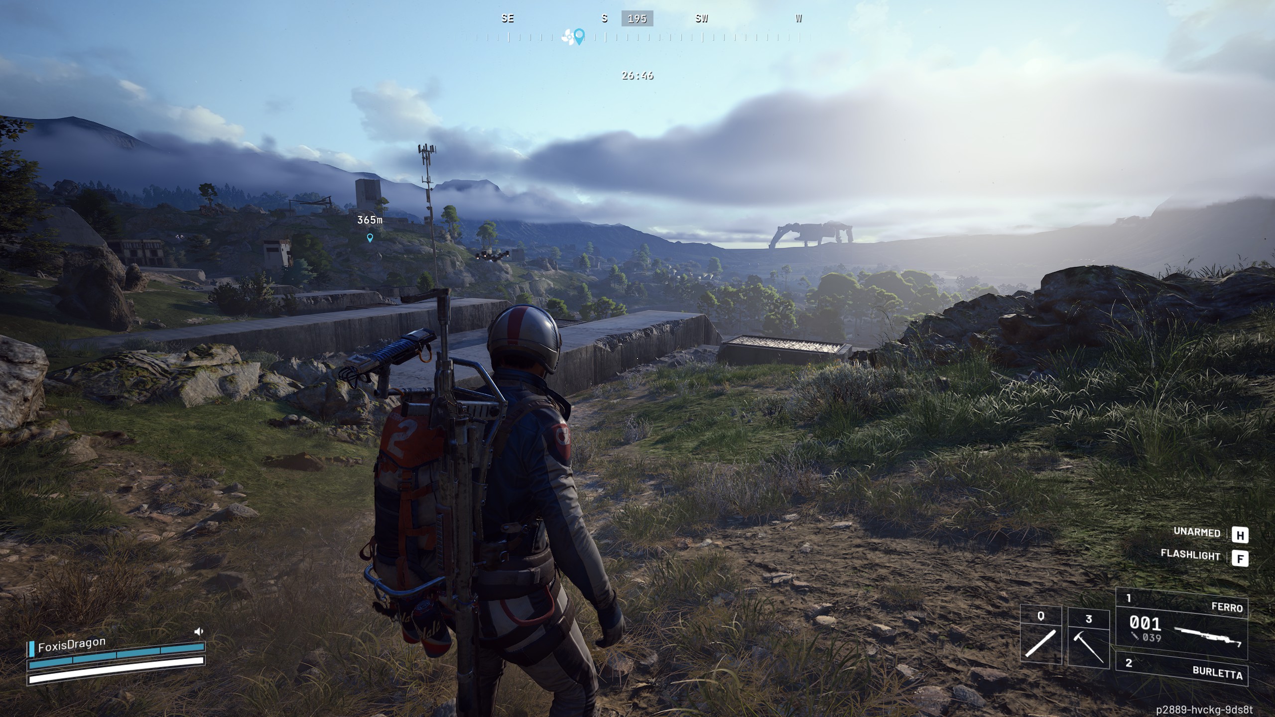 Screenshot of blue gate with a walker in the distance, outlined by the sun behind it.