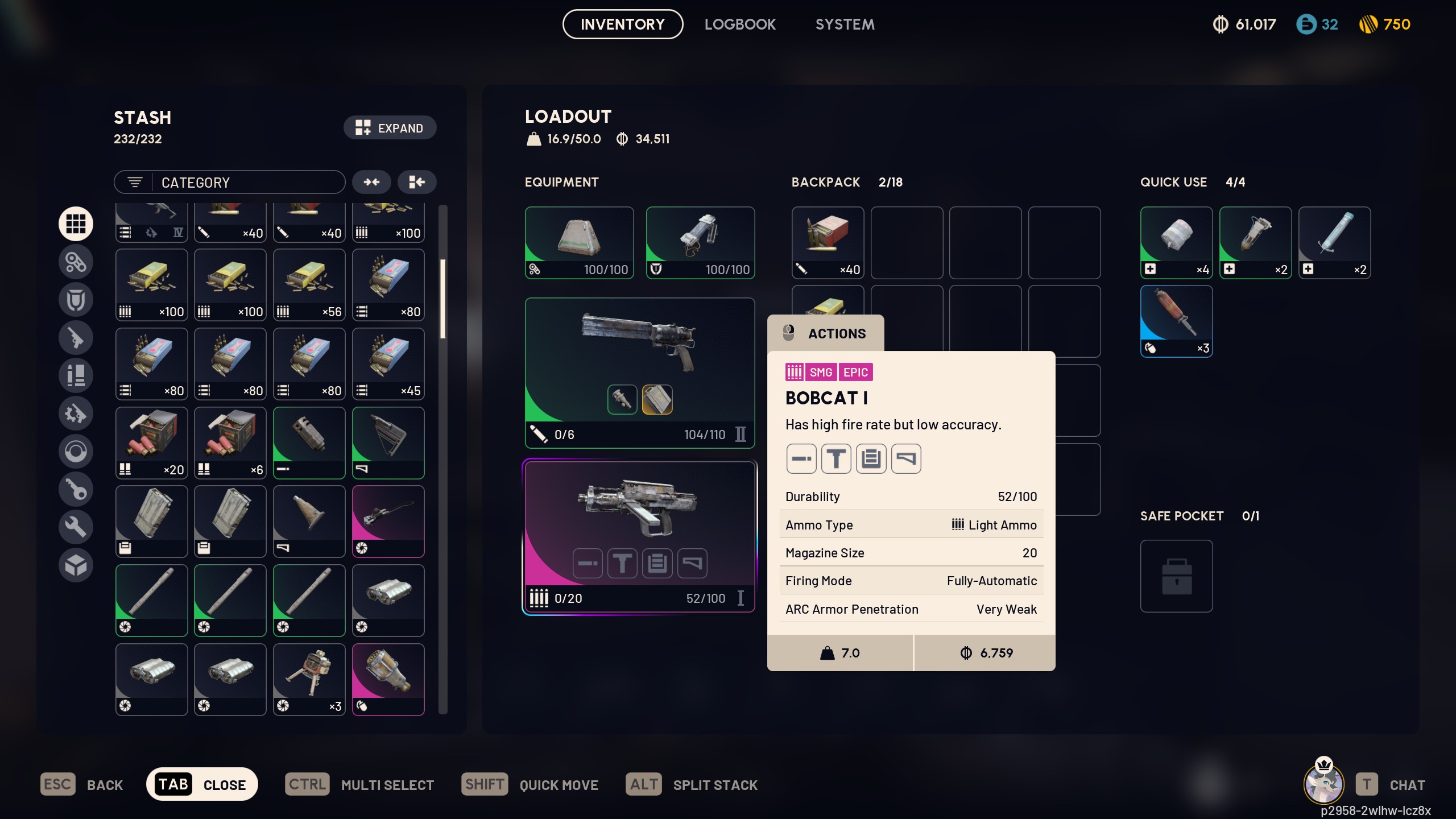 Screenshot of the arc raiders epic Bobcat weapon.